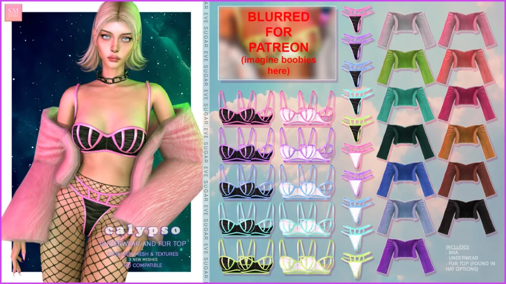 SUGAR Calypso Underwear and Fur Top Sims 4 CC