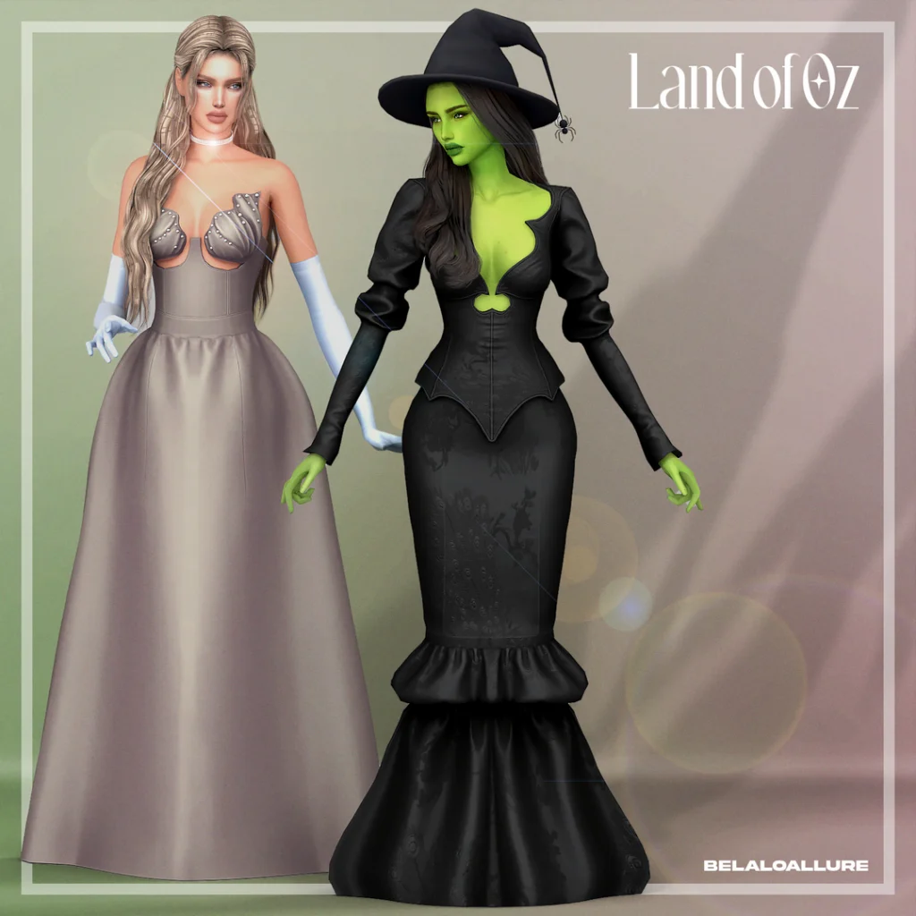 Sims 4 Belaloallure Land of Oz CC set with Glinda and Elphaba fantasy dresses