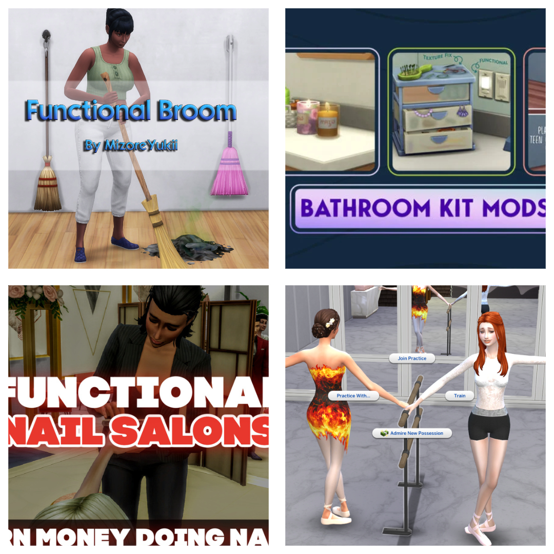 The Sims 4 functional CC items including play kitchen, gym equipment, and alarm clock