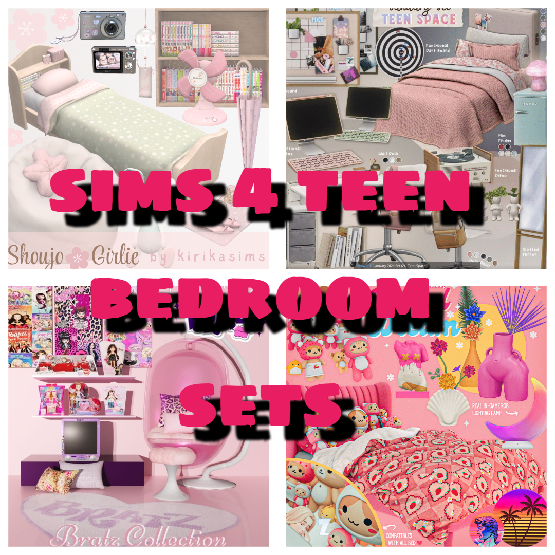 Sims 4 teen bedroom CC featuring stylish furniture, expressive décor, and cozy clutter in various aesthetics