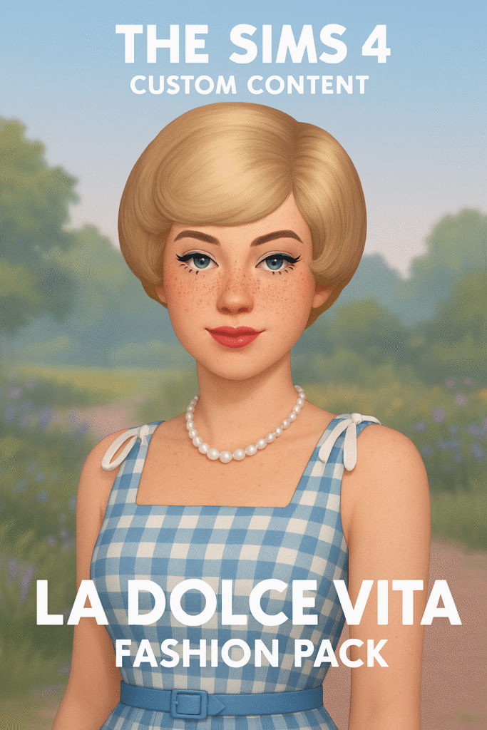 Sims 4 female Sim wearing 1960s-inspired fashion including gingham dress, pearl necklace, and retro hairstyle