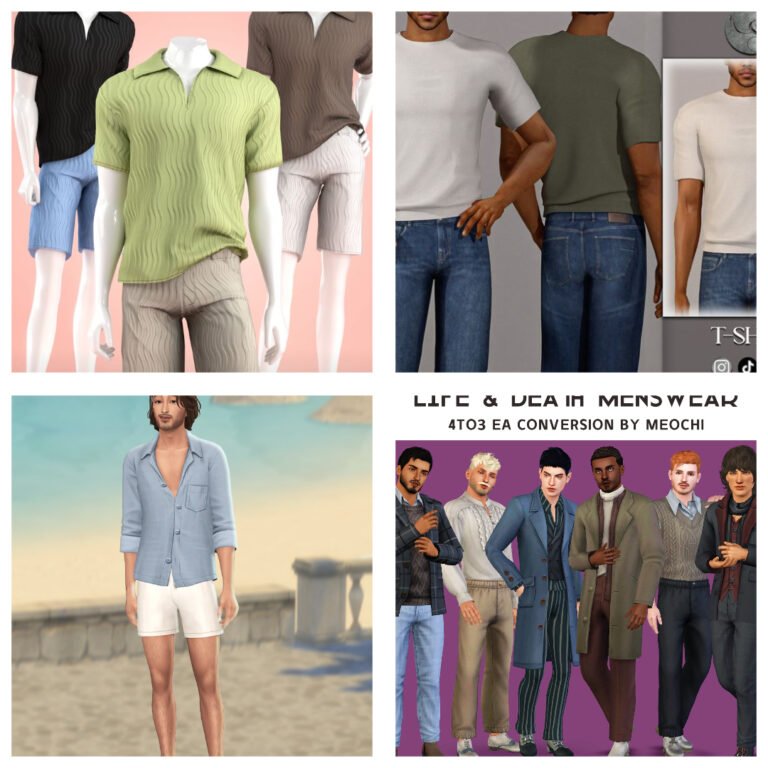 Sims 4 male clothing CC collection featuring swimwear, casual, and formal wear