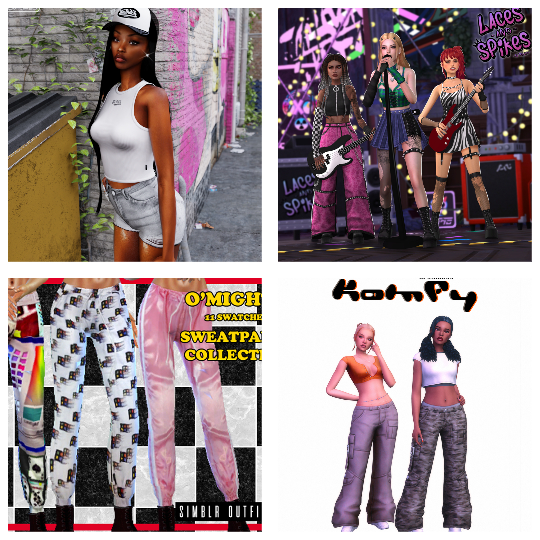 Sims 4 Y2K CC featuring butterfly tops, low-rise jeans, and Juicy Couture tracksuits