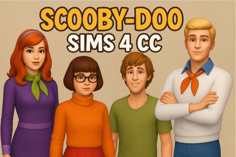 The Sims 4 Scooby-Doo cast custom content featuring Daphne, Velma, Shaggy, and Fred with hair, clothes, and presets.