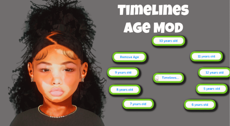 Digital interface of TIMELINES AGE MOD showing age-selection buttons beside a young Sim portrait