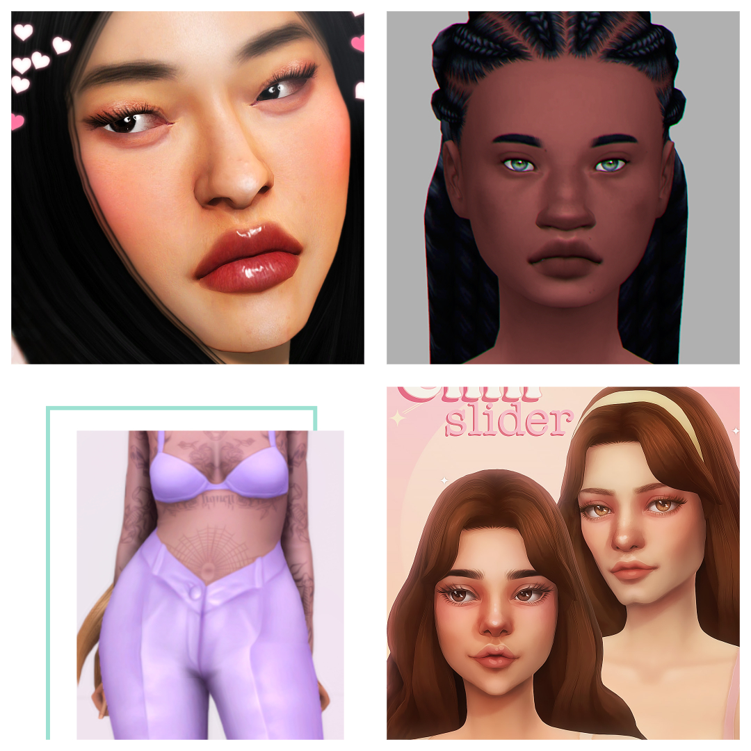 Sims 4 CC Collection preview of skins, presets, sliders, and clothes