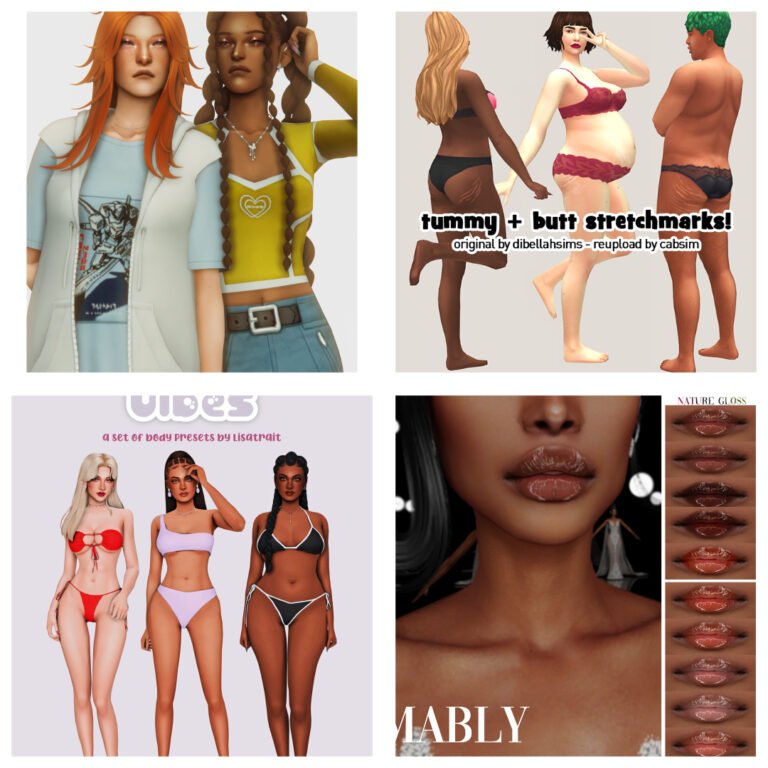 Sims 4 CC & Pose Collection – Skins, Body Presets, Hair, and More