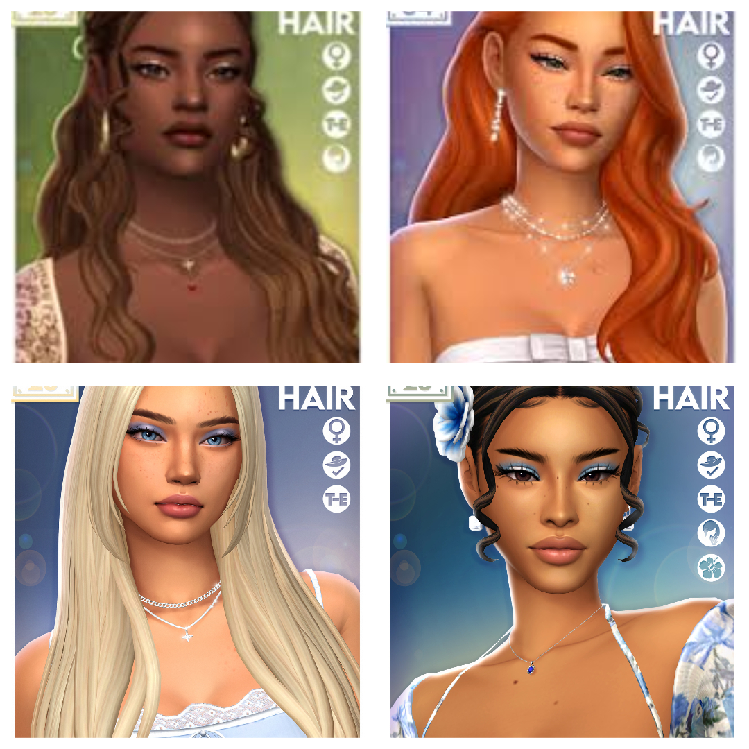 The Sims 4 Ah00b Hair Collection preview image featuring Gia, Celine, Salena, Tyra, and Kacey hairstyles.