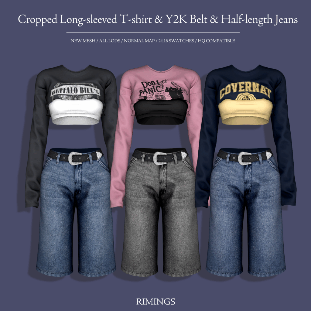 [RIMINGS] Cropped Long-sleeved T-shirt & Y2K Belt & Half-length Jeans