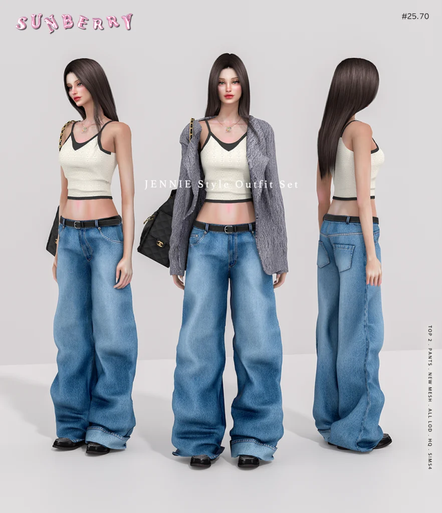 Sims 4 Sunberry JENNIE Style Outfit Set CC for soft Korean fashion outfits