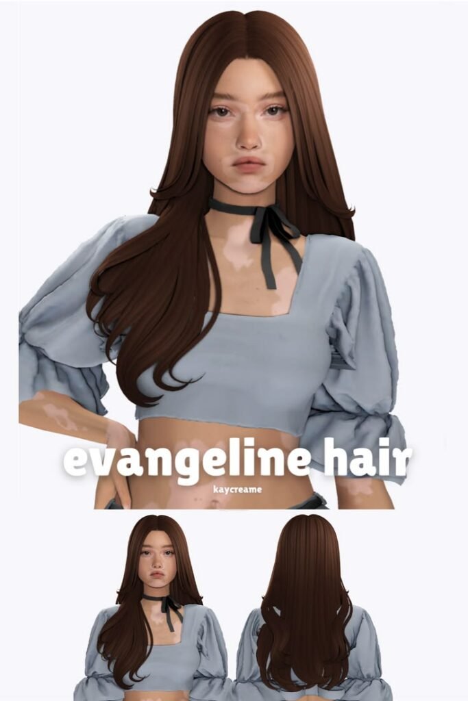 Sims 4 CC Hair Evangeline Long Hair CC with Middle Part by Kaycreame