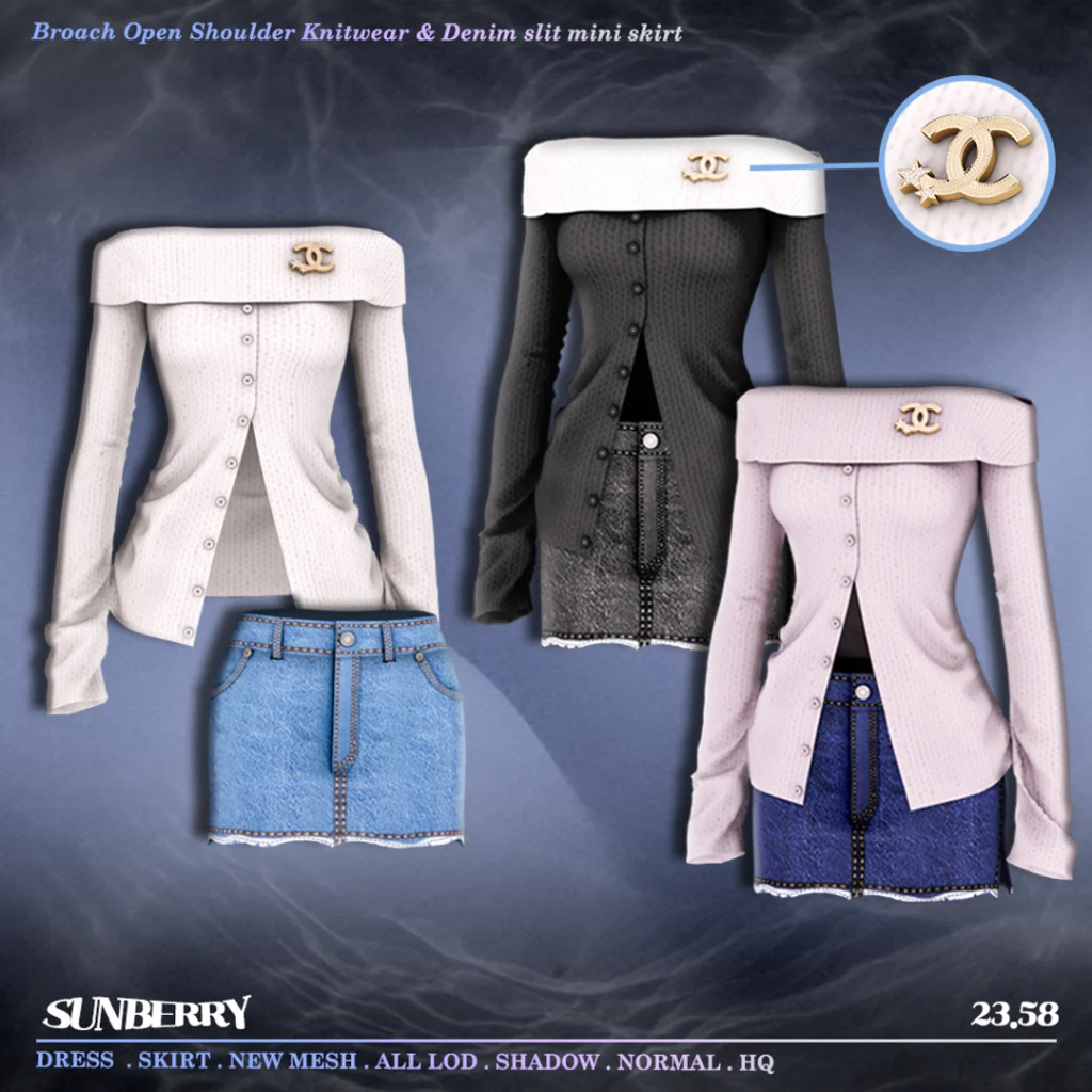 Sunberry Open Shoulder Knitwear and Denim Skirt Sims 4 CC