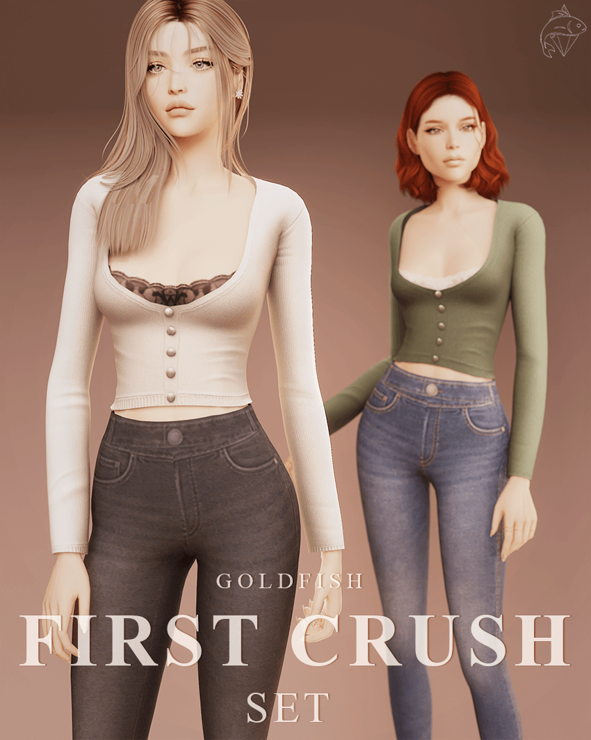 Cropped cardigan, lace-trim camisole and high-waisted jeans on a feminine Sim Delete this instruction after uploading the image.
