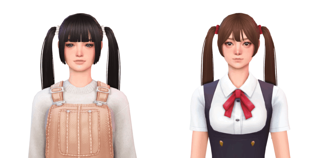 Two-pigtail Maxis Match hair with scrunchie accessory for a feminine Sim