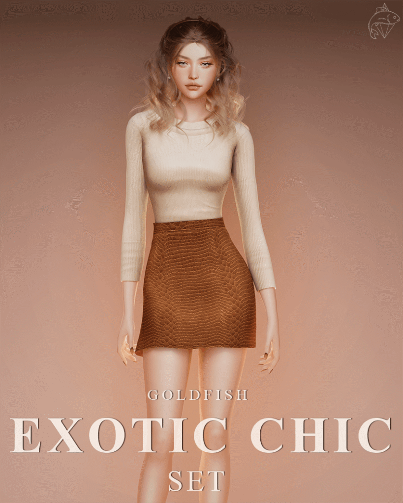 Fitted knit top and crocodile-textured mini skirt on a feminine Sim