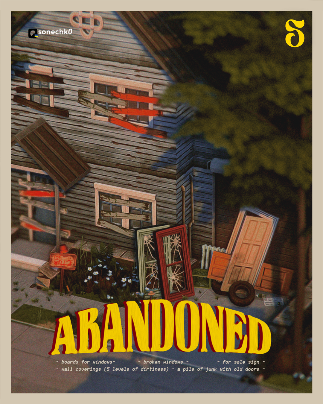 Official preview of the Abandoned Sims 4 CC Pack by Sonechko