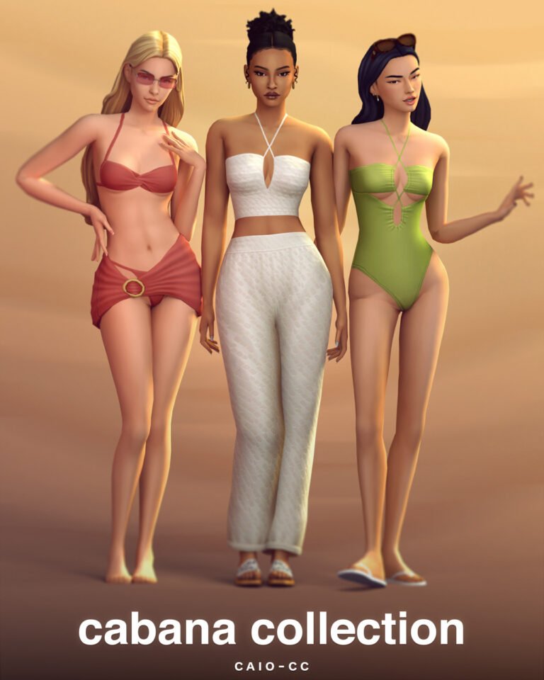 Caio’s Cabana Collection preview showing beach outfits and swimwear for Sims 4