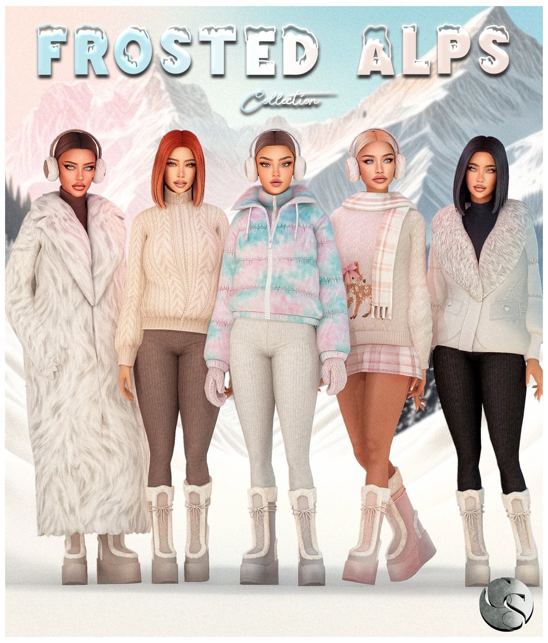 Camuflaje Frosted Alps Sims 4 winter clothing CC with coats, sweaters, boots and accessories