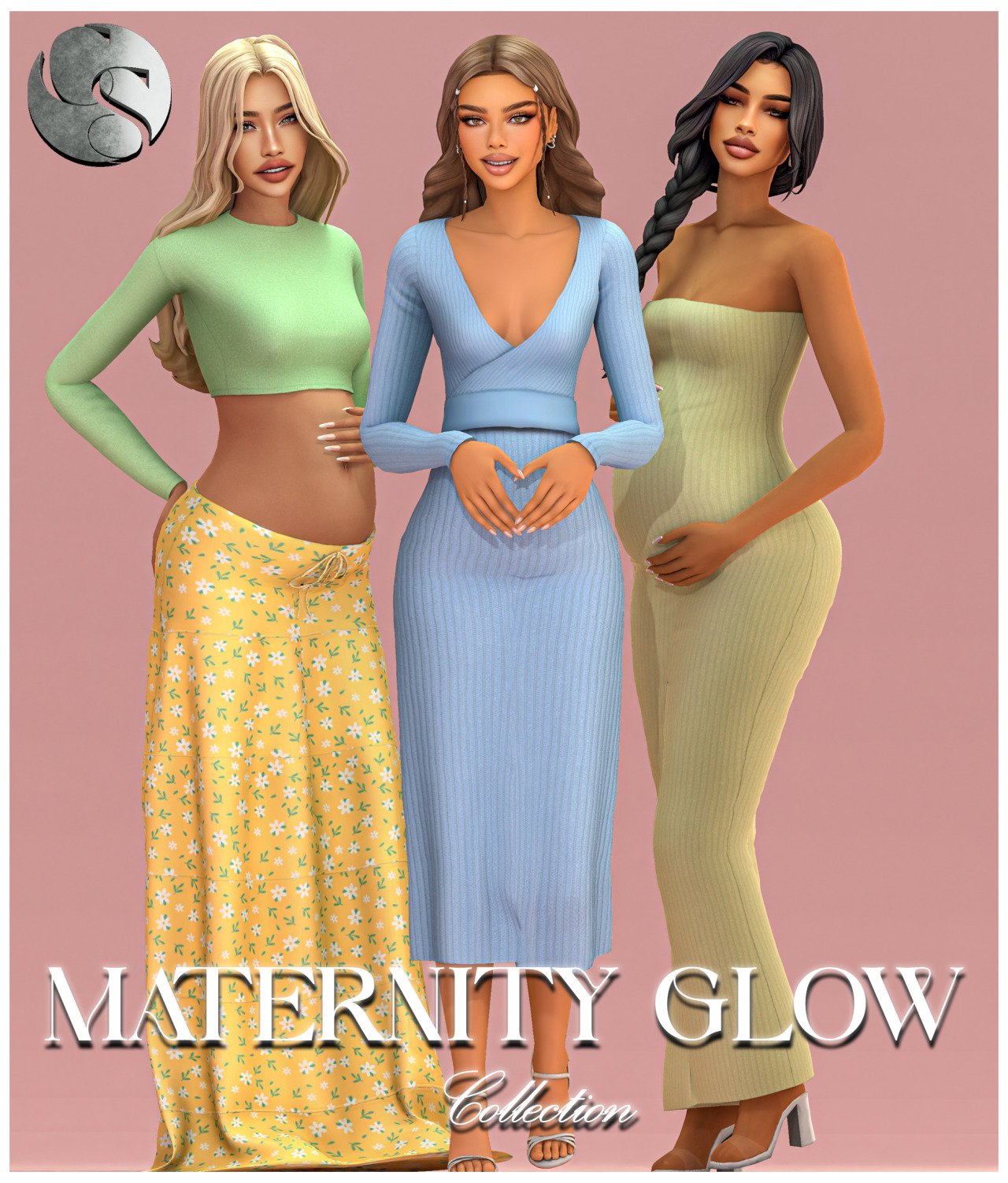 Camuflaje Maternity Glow Sims 4 CC with two dresses and a floral co-ord