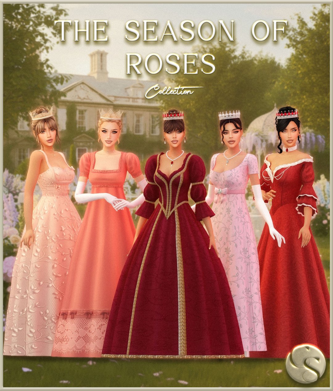 Camuflaje Season of Roses Royal Sims 4 CC with formal gowns, crowns and jewelry