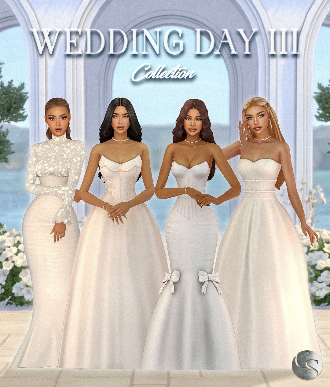 Camuflaje Wedding Day III Sims 4 CC with four bridal gowns and jewelry