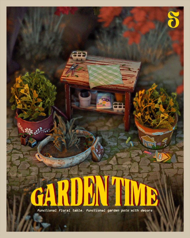 Official preview of Garden Time functional Sims 4 garden CC by Sonechko
