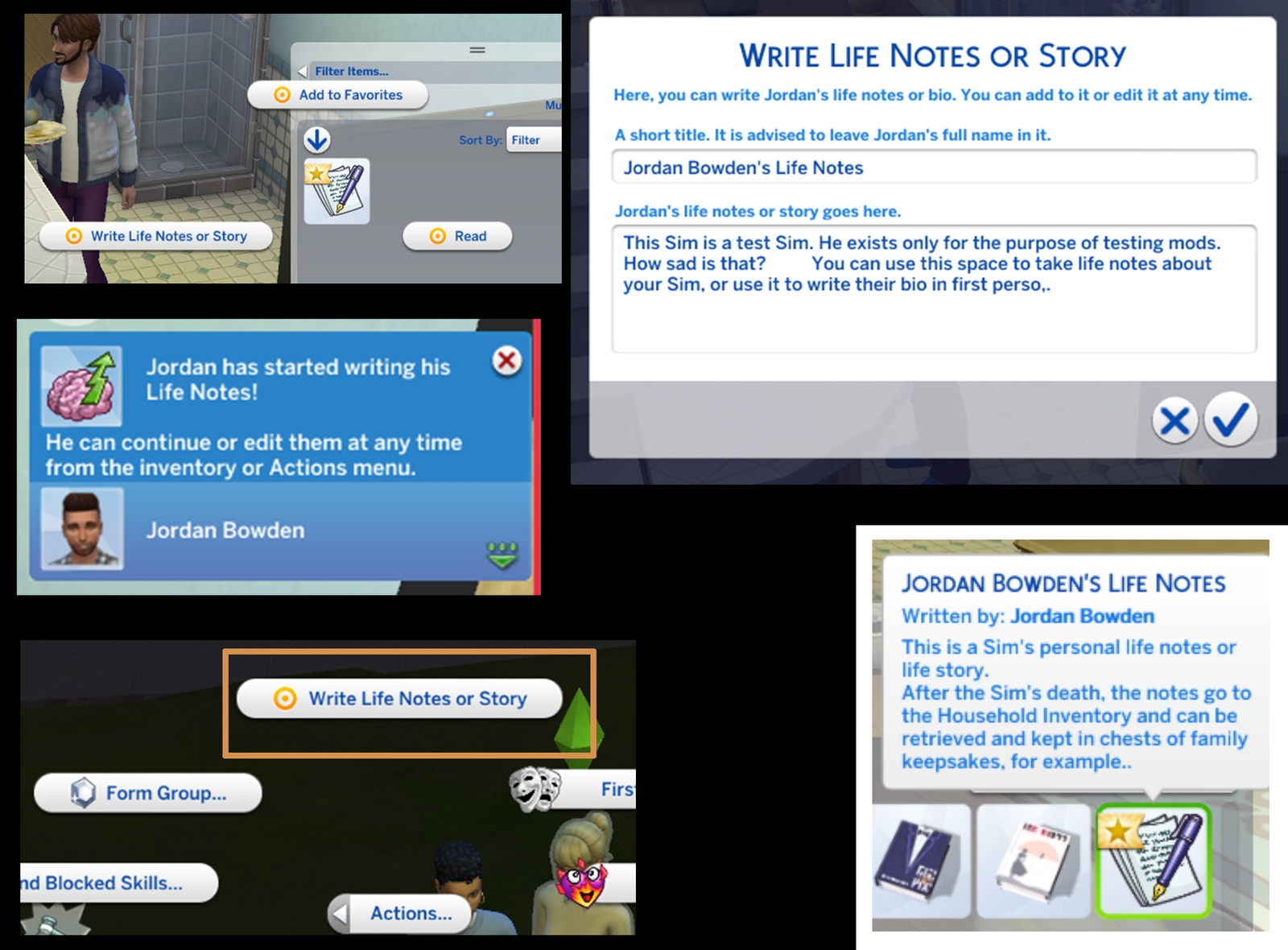 Life Notes and Personal Bios Sims 4 mod interface by Lumpinou