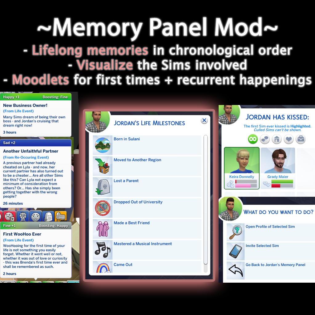 Memory Panel lifelong memories Sims 4 mod interface by Lumpinou