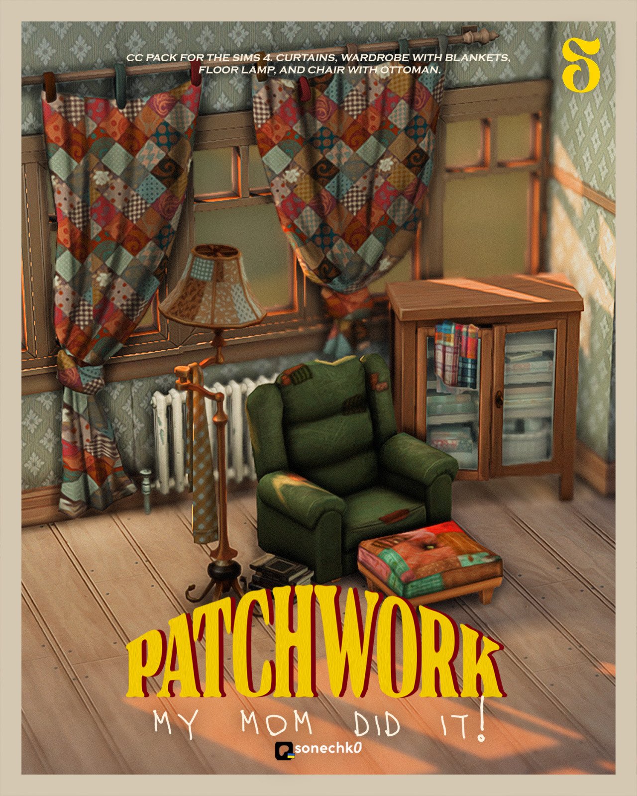 Official preview of My Mom Did It patchwork furniture Sims 4 CC by Sonechko