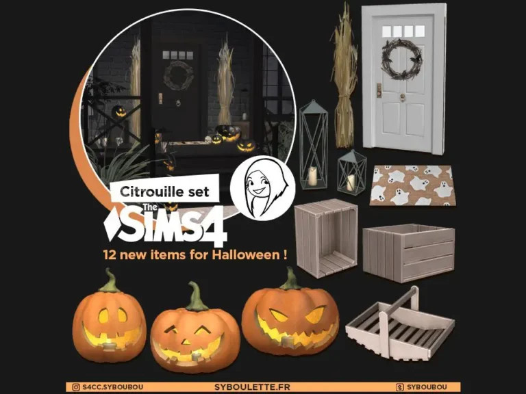 Syboulette Citrouille Halloween Sims 4 CC front door and pumpkin lantern preview