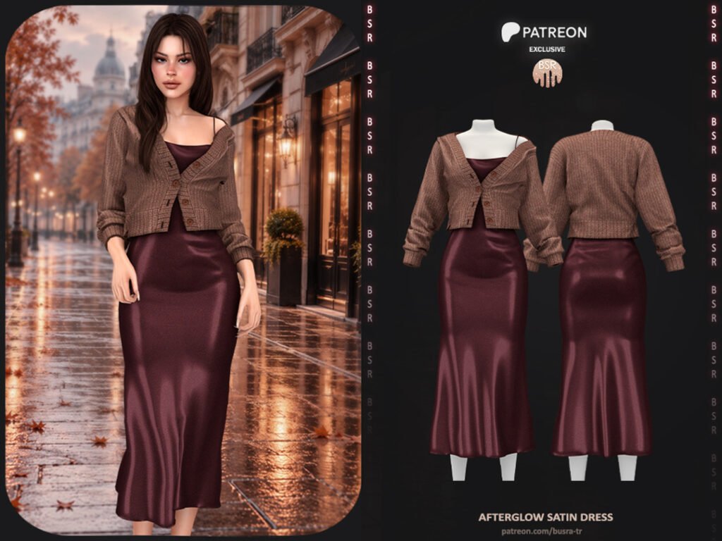 BusraTR Afterglow Satin Dress P280 Sims 4 Dress CC