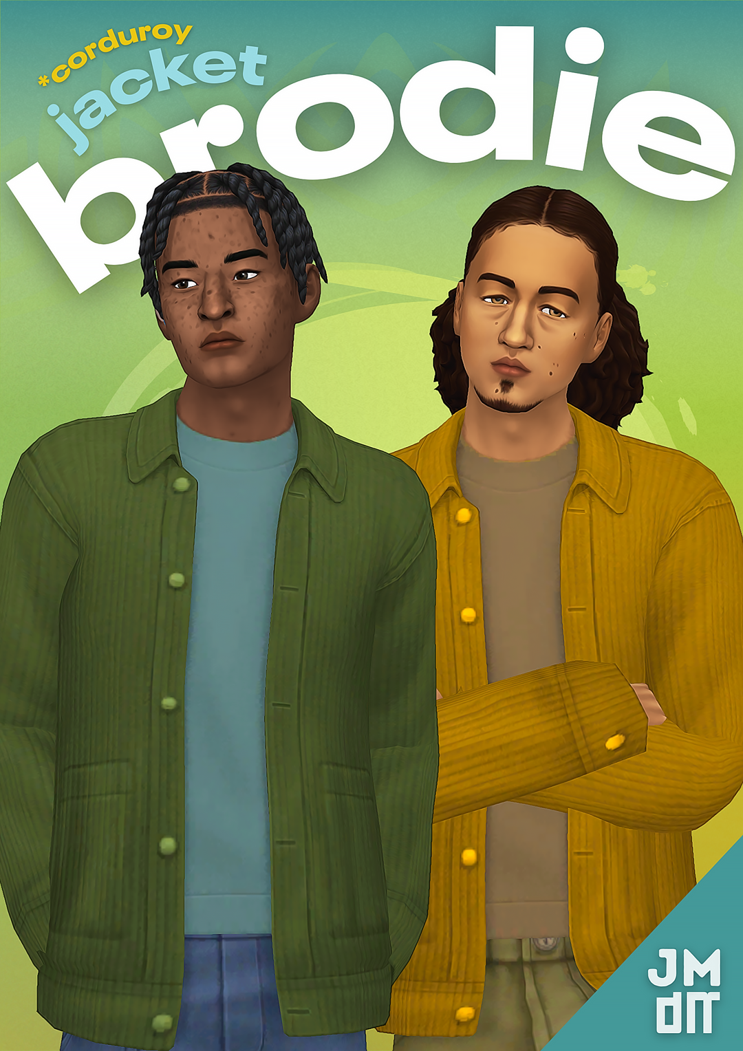 Brodie corduroy jacket in green and mustard by Jellymoo for The Sims 4