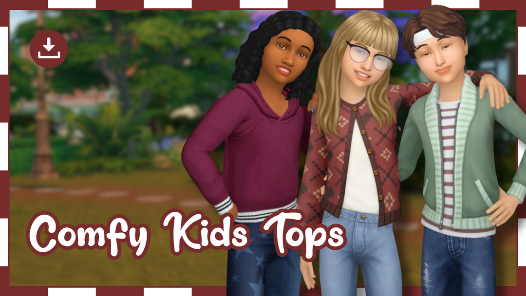 Five colorful Comfy Kids Tops by PowLuna for child Sims