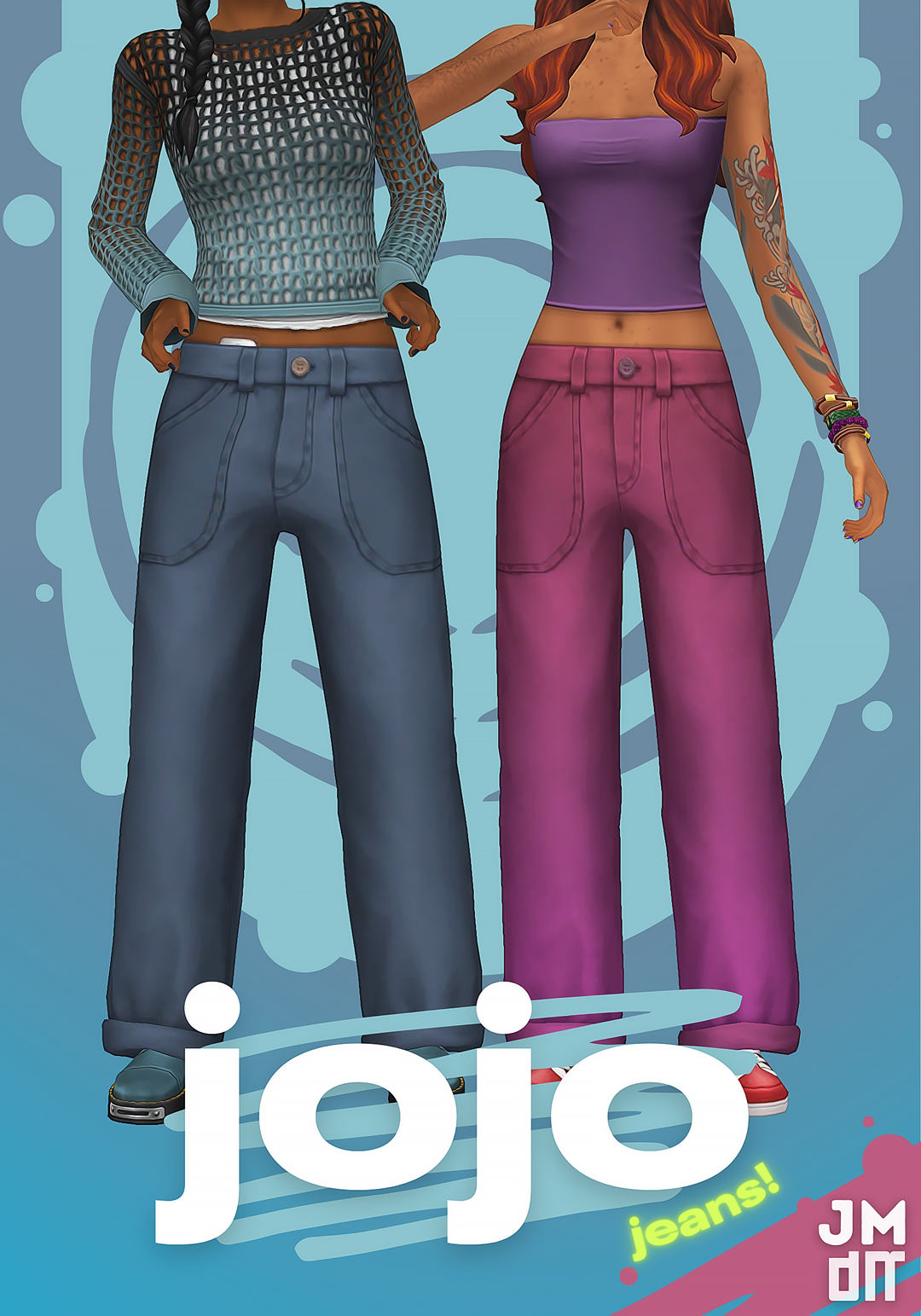 Jojo loose jeans in blue and pink by Jellymoo for The Sims 4