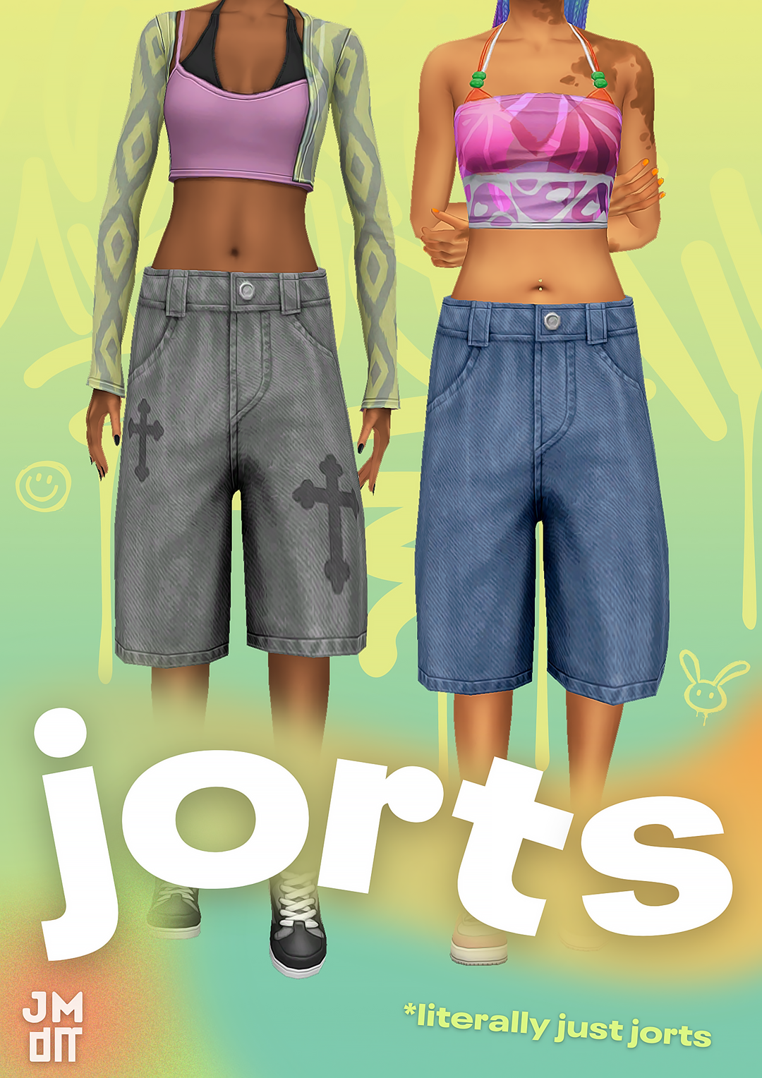 Jorts baggy denim shorts in grey and blue by Jellymoo for The Sims 4