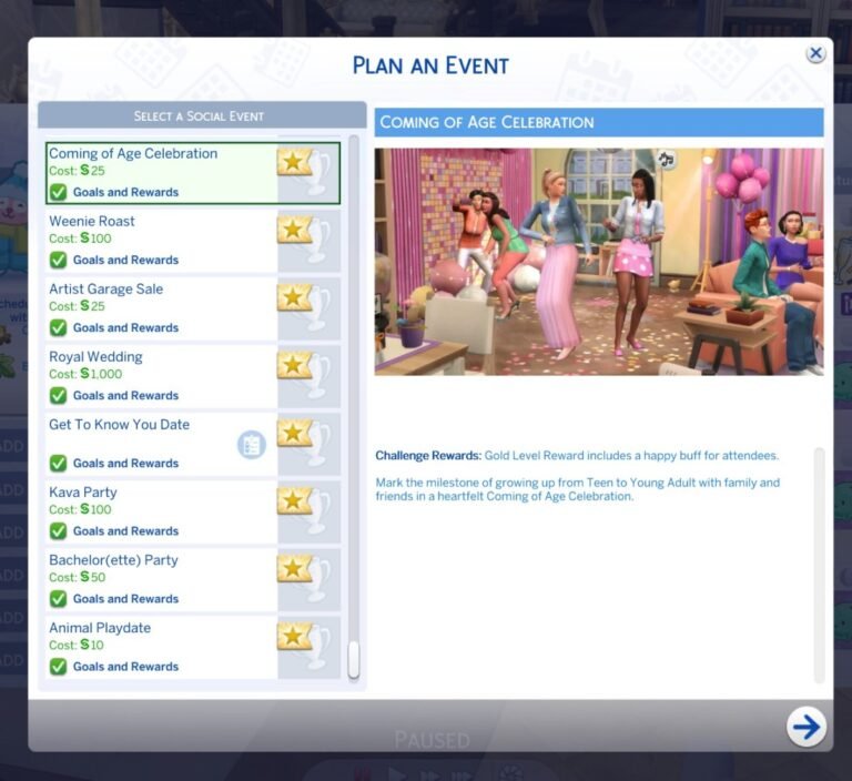 KiaraSims4Mods Coming of Age Celebration Event preview and gameplay goals