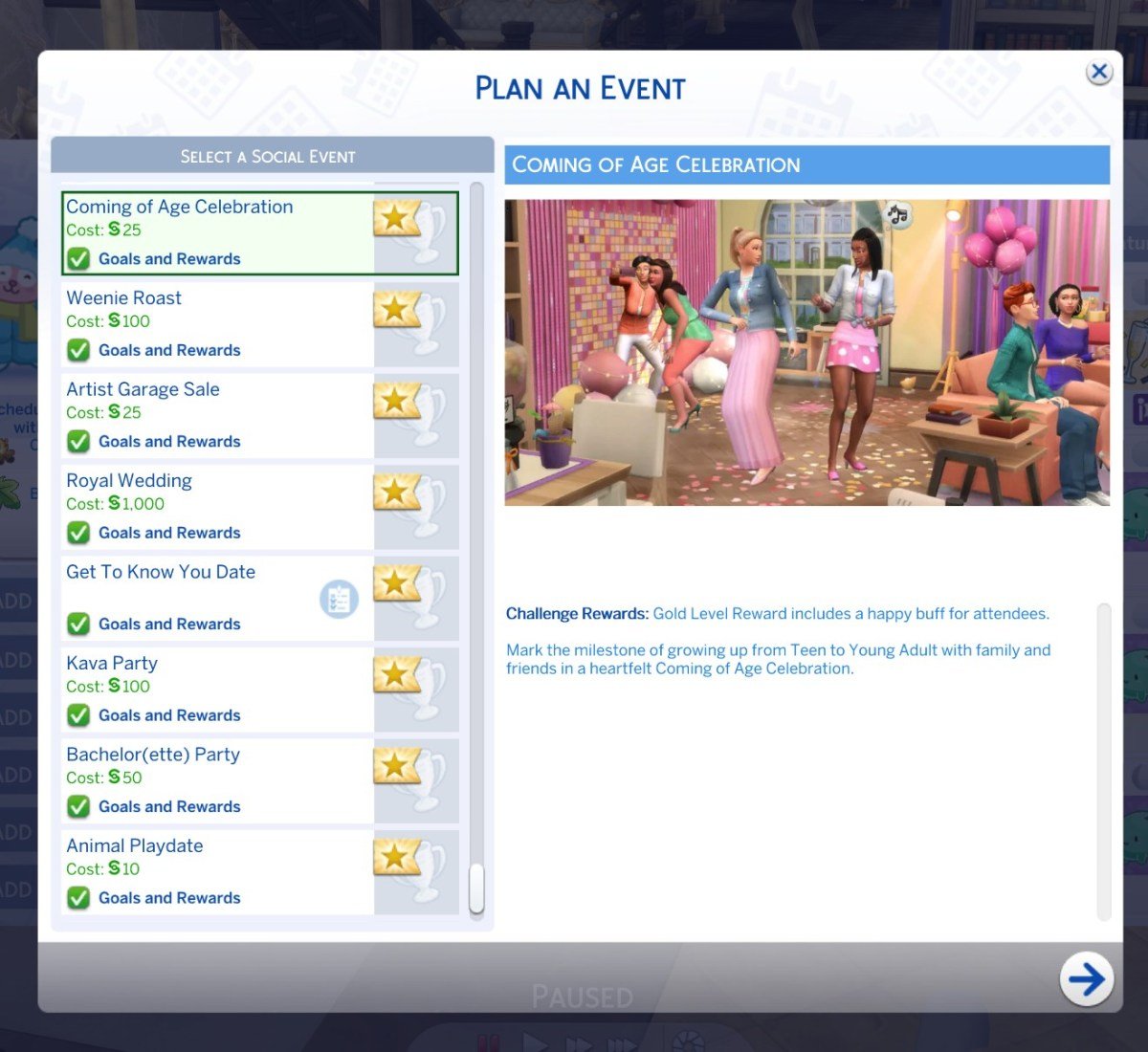 KiaraSims4Mods Coming of Age Celebration Event preview and gameplay goals
