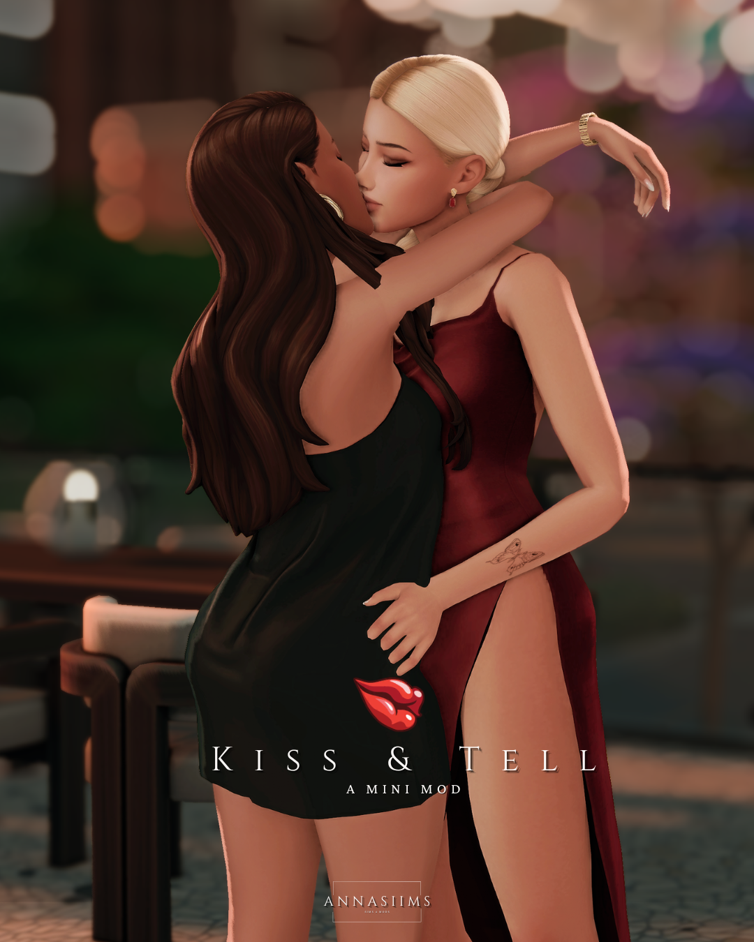 Two Sims kiss in Annasiims’ Kiss and Tell mod preview