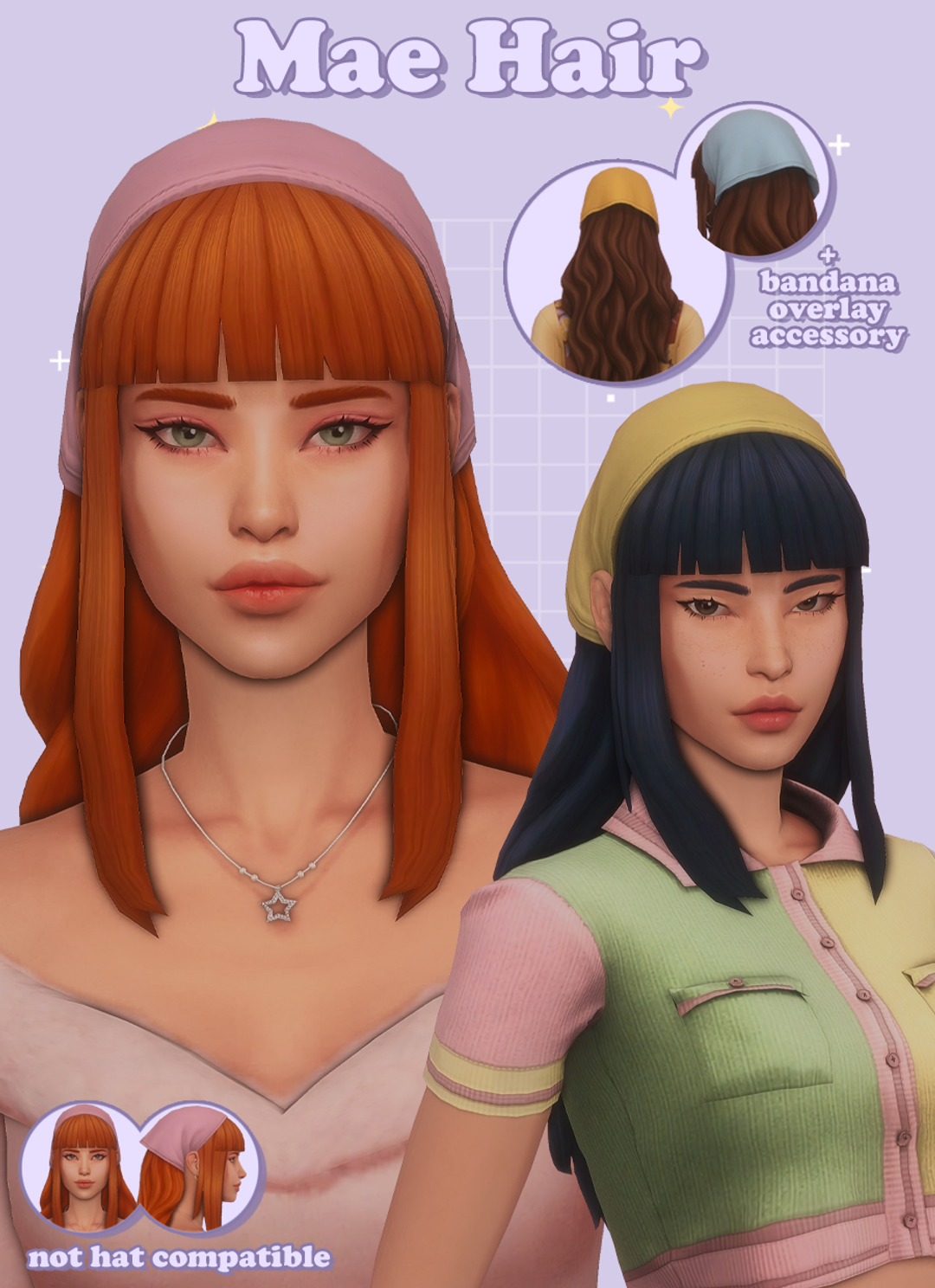 Mae shoulder-length hairstyle with bangs and bandana by simancholy for The Sims 4