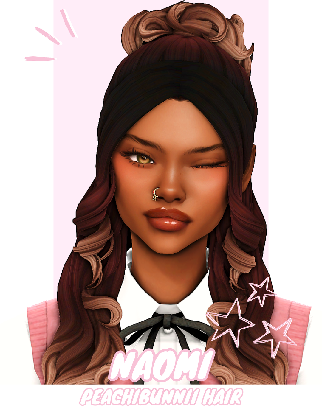 Naomi curled half-up hairstyle with a bun by Peachibunnii for The Sims 4