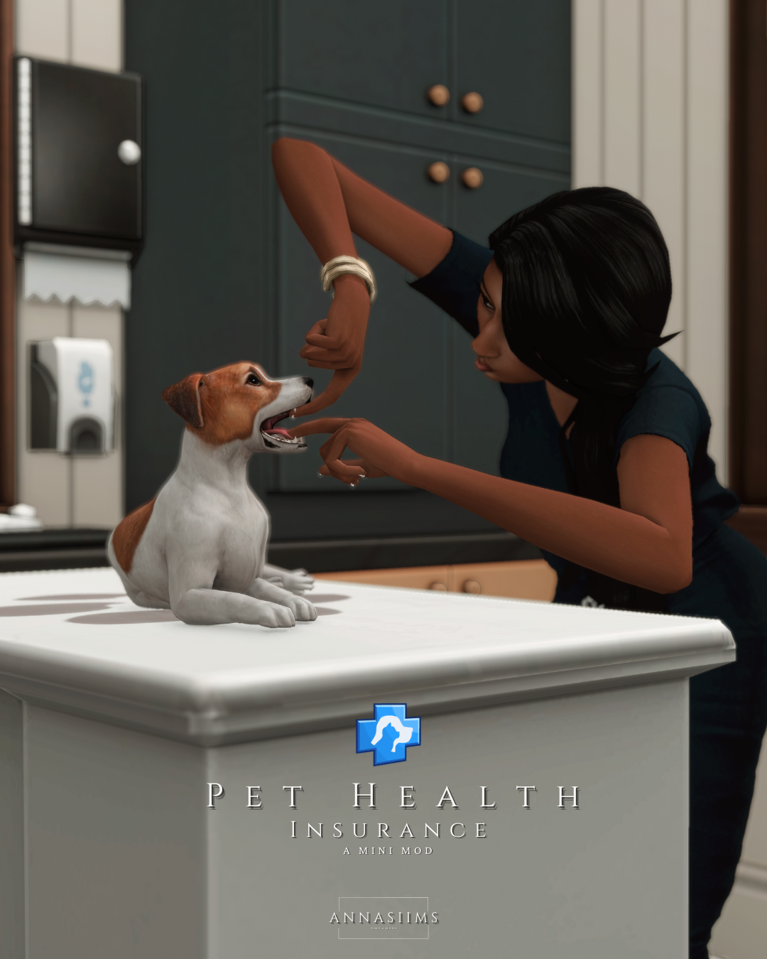 A Sim veterinarian examines a dog in Annasiims’ Pet Health Insurance mod preview