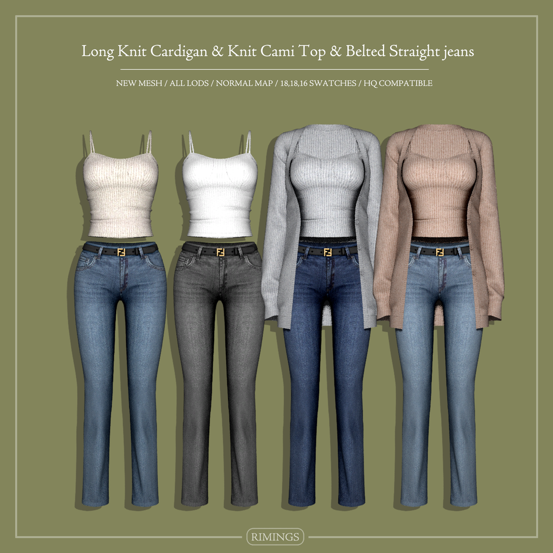 RIMINGS Long Knit Cardigan, Knit Cami Top & Belted Straight Jeans Sims 4 clothing and accessories preview
