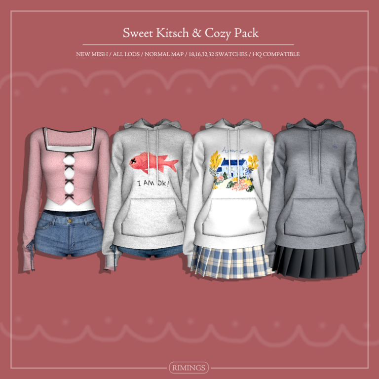 RIMINGS Sweet Kitsch and Cozy Sims 4 clothing collection official preview