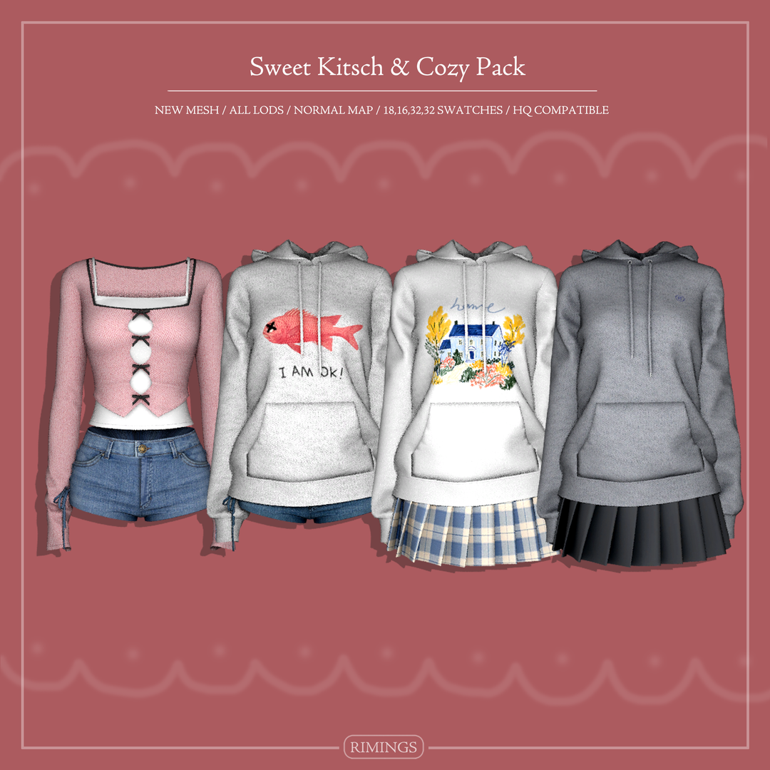 RIMINGS Sweet Kitsch and Cozy Sims 4 clothing collection official preview