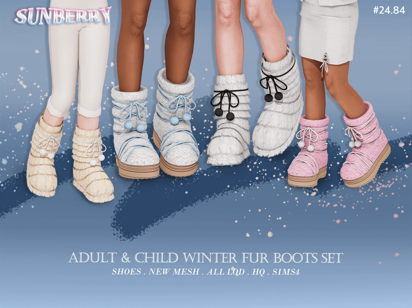 SUNBERRY Adult & Child Winter Fur Boots Set Sims 4 custom content preview