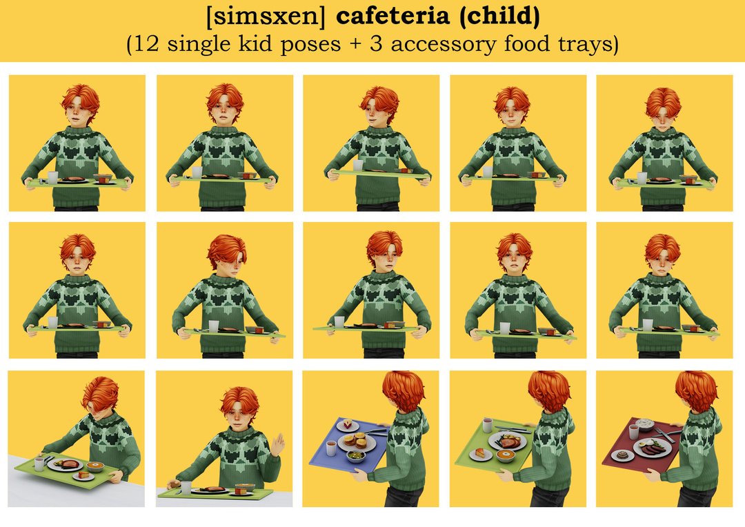 Simsxen school cafeteria poses for child Sims with food trays