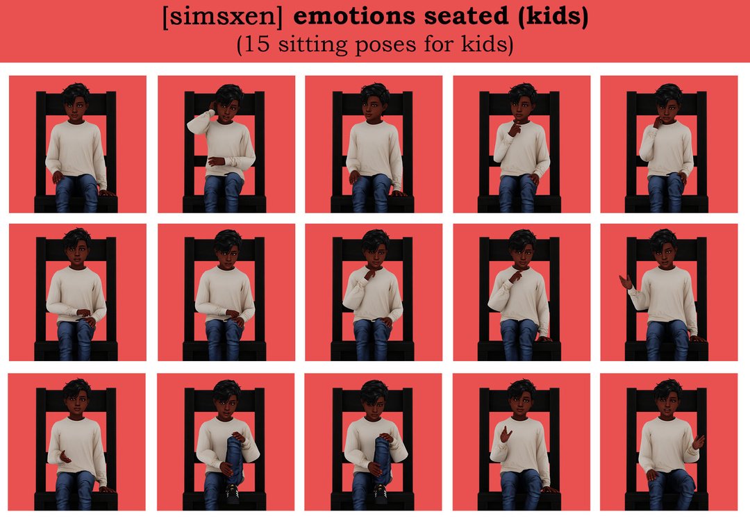 Simsxen seated emotion poses for child Sims