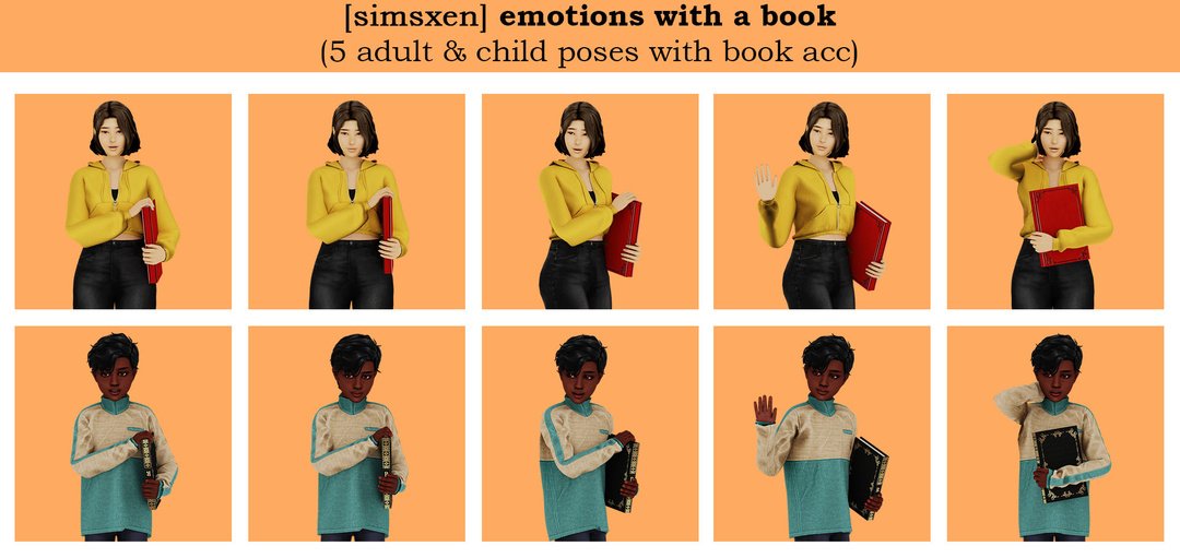 Simsxen book accessory poses for adult and child Sims