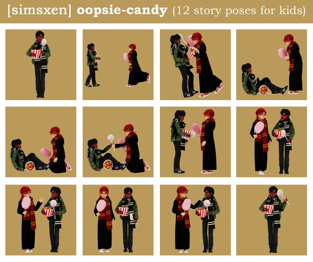 Simsxen Oopsie Candy storytelling poses for children with snack accessories