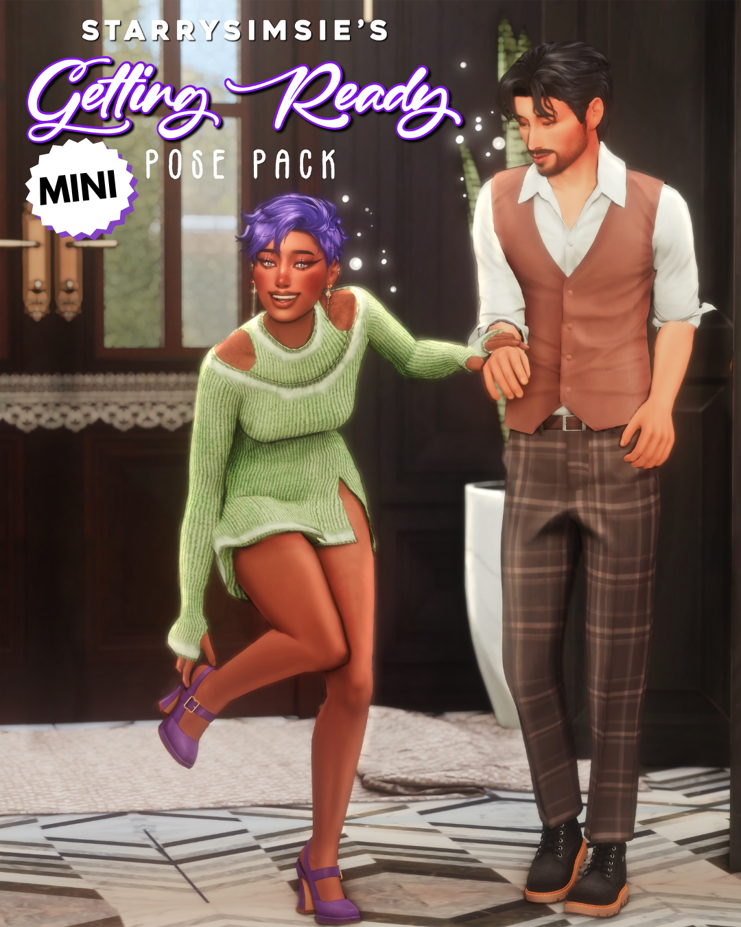 Two Sims getting dressed in StarrySimsie’s Getting Ready MINI pose pack